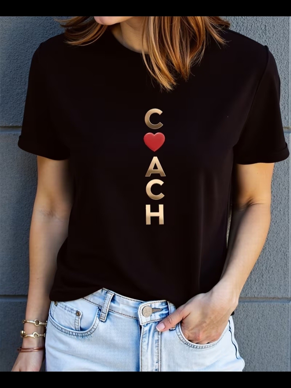 Coach Black Short-Sleeve Tee with Gold Logo and Red Heart Accent SIZE L and 1X
